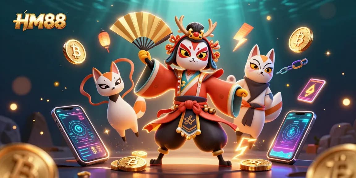 Engage in exciting gameplay at HM88 casino, where a kabuki warrior interacts with crypto symbols.