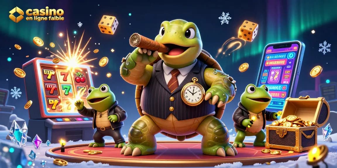 Illustration captivante d'un casino en ligne fiable, mettant en scène une tortue et des grenouilles, évoquant des jeux de hasard.