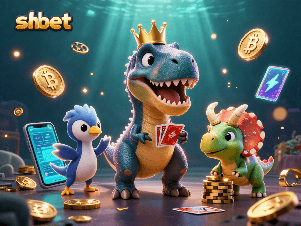 Engage with shbet strategies in a lively scene featuring a T-Rex card dealer and crypto-themed elements.