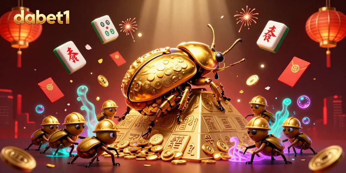 Experience dabet1's 3D cartoon world with golden beetles, casino symbols, and dynamic action