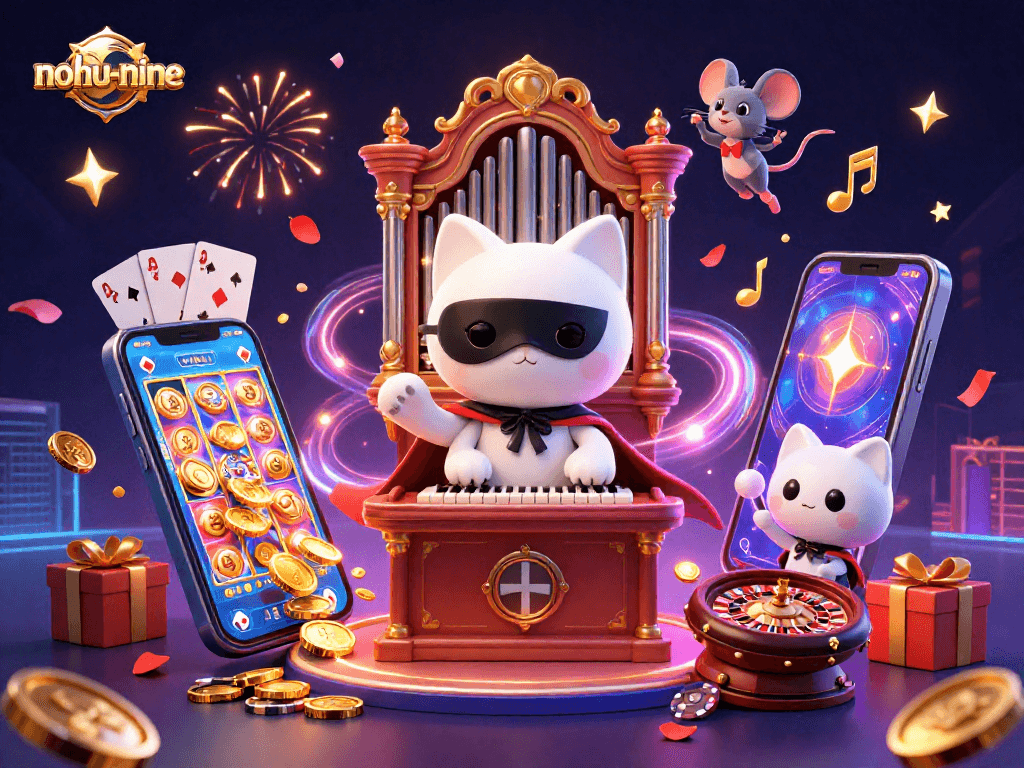 Experience exciting gameplay with nohu-nine featuring a phantom cat at a casino organ amidst colorful gaming elements.