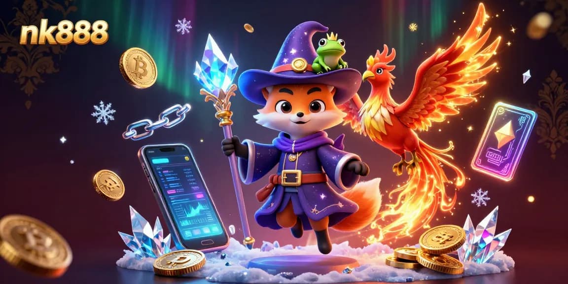 Spin and win with nk888’s vibrant gaming world featuring a wizard, phoenix and enchanted frog.