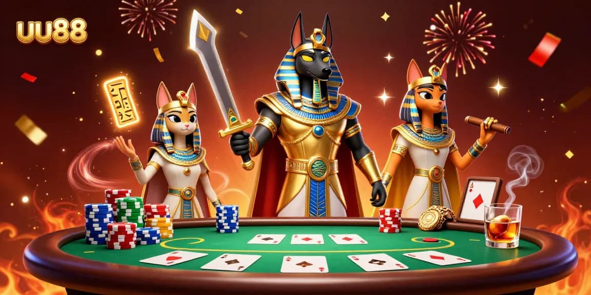 uu88 showcases a dynamic poker scene with ancient Egyptian characters, emphasizing gambling excitement.