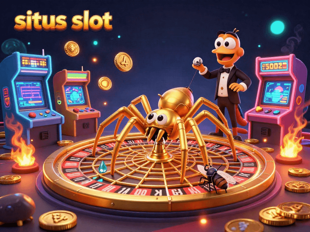 Experience the excitement of situs slot with a golden spider in a roulette wheel web, surrounded by vibrant arcade elements.