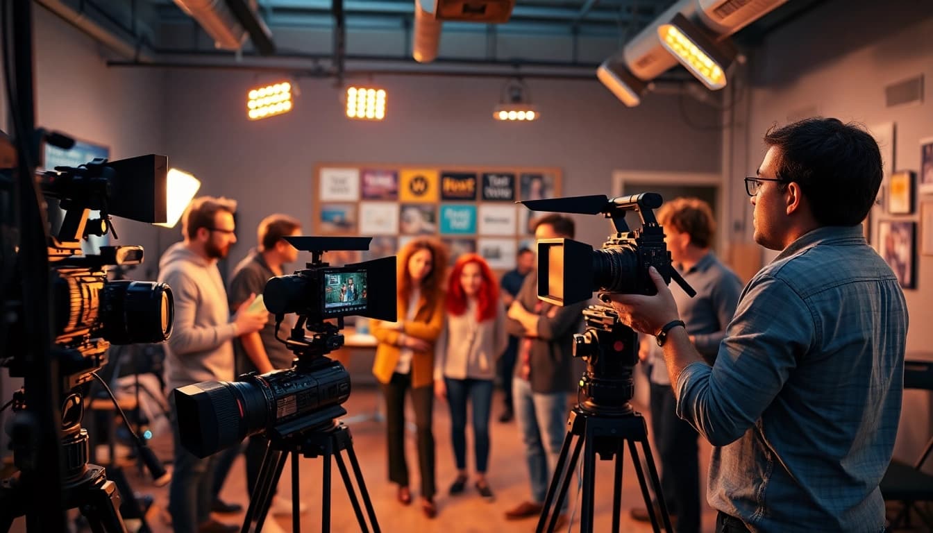 Engaging video production edmonton team collaborating in a bright studio.