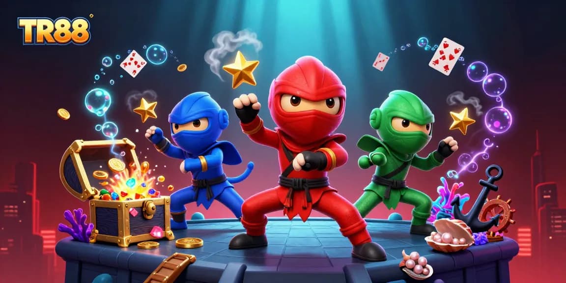 Experience thrilling gaming action with TR88's dynamic 3D illustration featuring ninjas and treasure!
