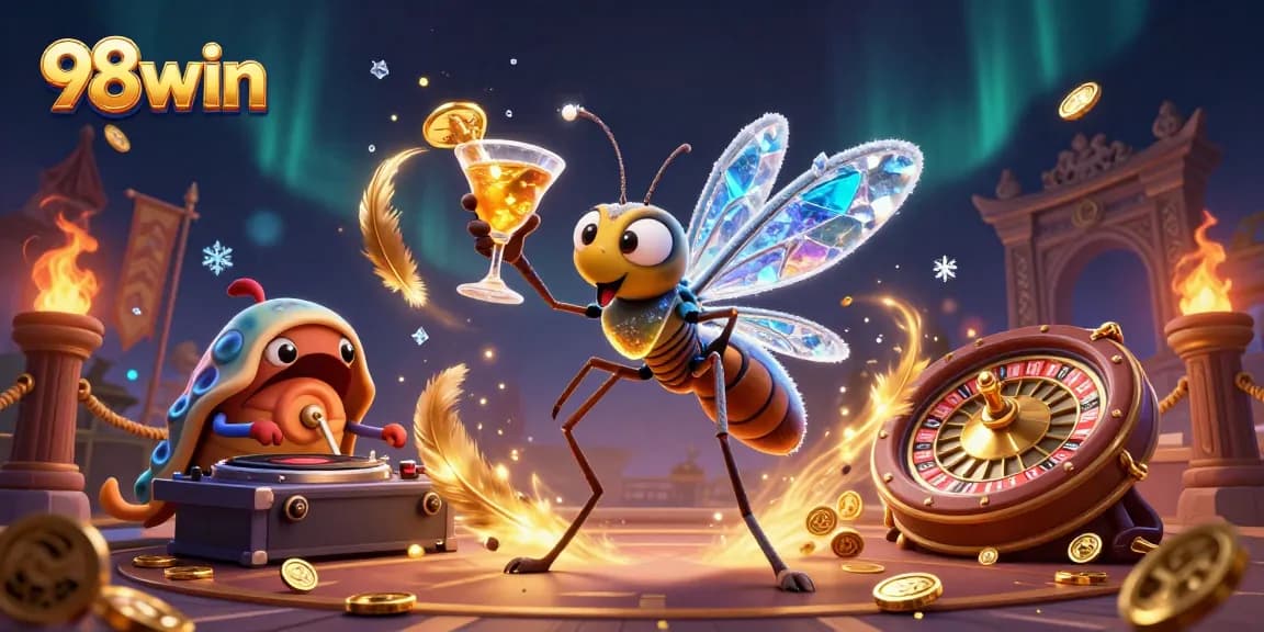 Spin the reels of fortune at 98win with our dynamic casino characters in a vibrant 3D scene.