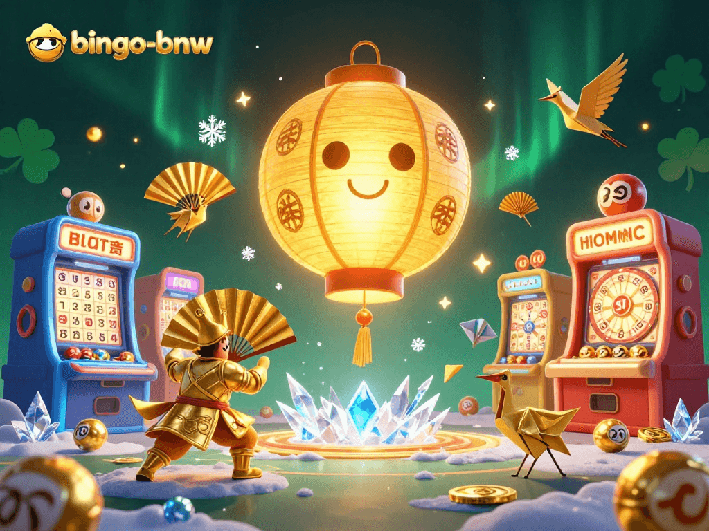 Play bingo-bnw with giant golden lantern spirit at a festive night market casino filled with vibrant game elements.