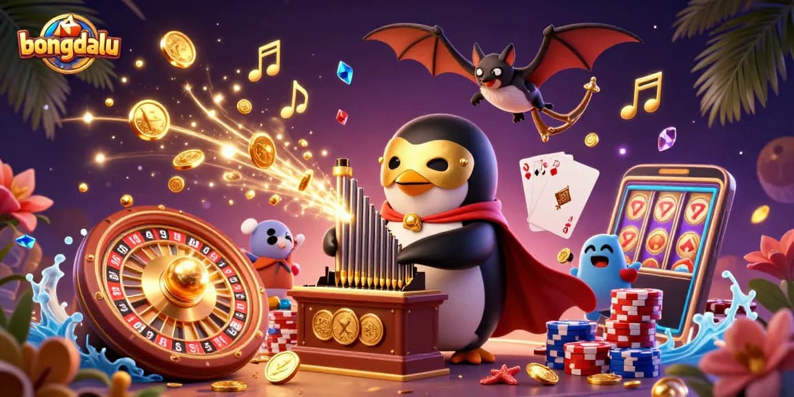 Experience the thrill of bongdalu as a cartoon penguin performs with golden coins in a vibrant casino scene.