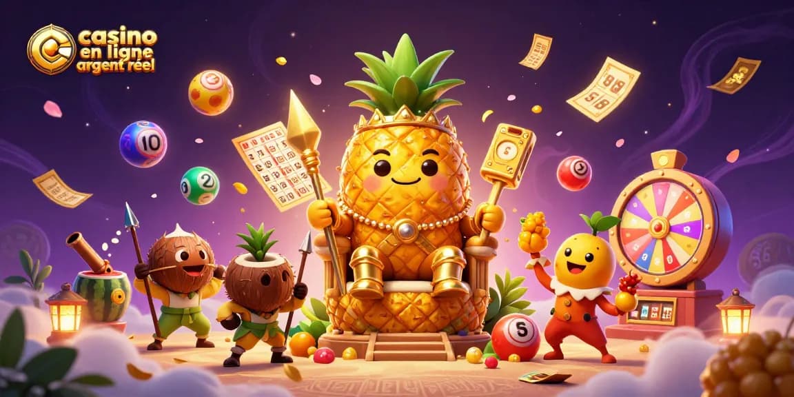 Venez découvrir le royaume du casino en ligne argent réel avec le roi ananas doré et ses gardes.