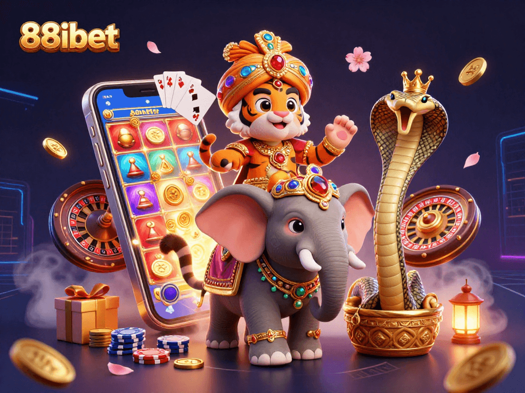 Immerse yourself in 88ibet's vibrant casino world, featuring a royal maharaja tiger and golden game elements.