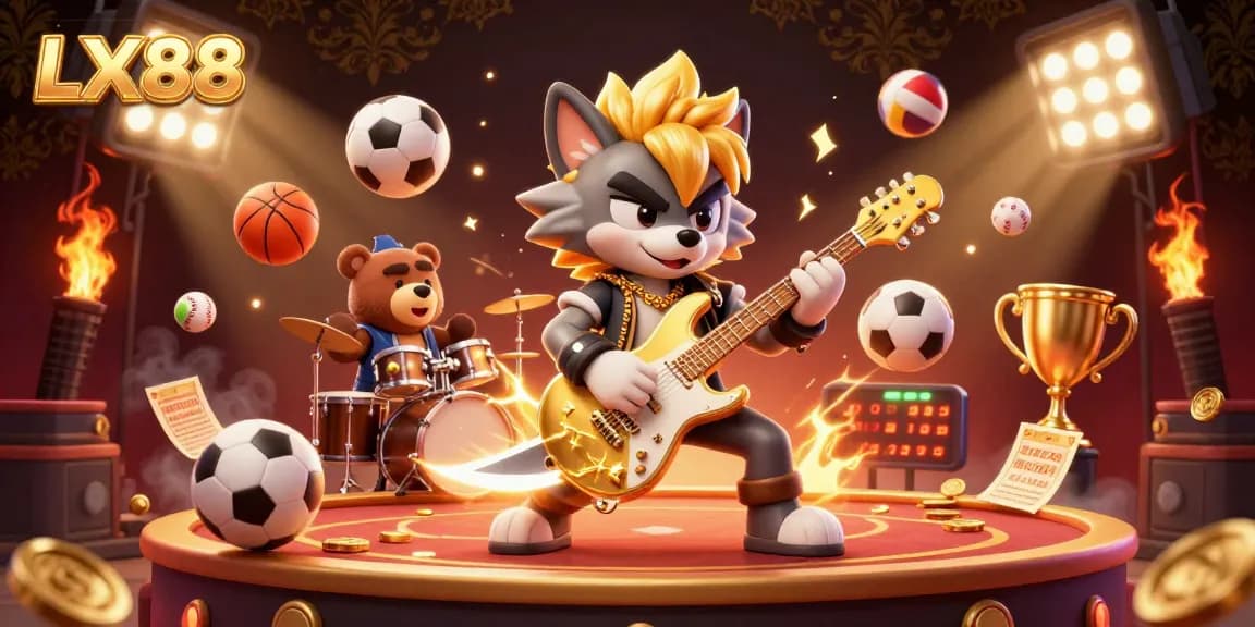 Engage in thrilling gameplay at LX88 with a vibrant casino scene featuring a rock star wolf and dynamic game elements.