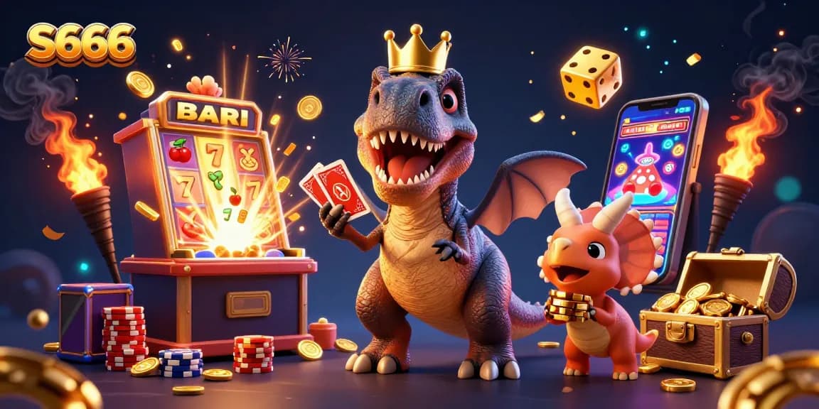 S666 showcases a thrilling cartoon scene of a T-Rex shuffling cards, enhancing your gaming experience