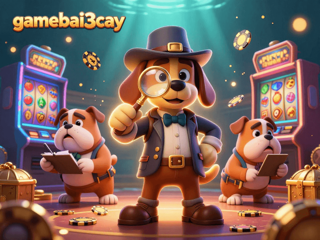 gamebai3cay discovers treasure clues in a casino setting with vibrant slot machines.