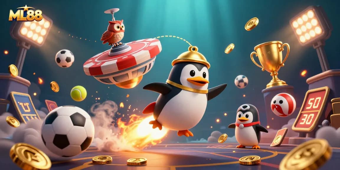 Engage with the ML88 universe as a golden penguin navigates a vibrant casino-themed space, featuring dynamic gaming elements.