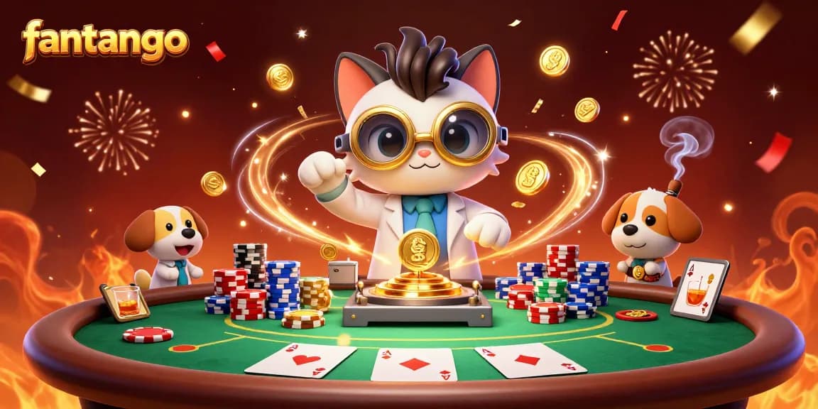 Engage with fantango's lively casino scene featuring a mad scientist cat, poker chips, and winning cards.