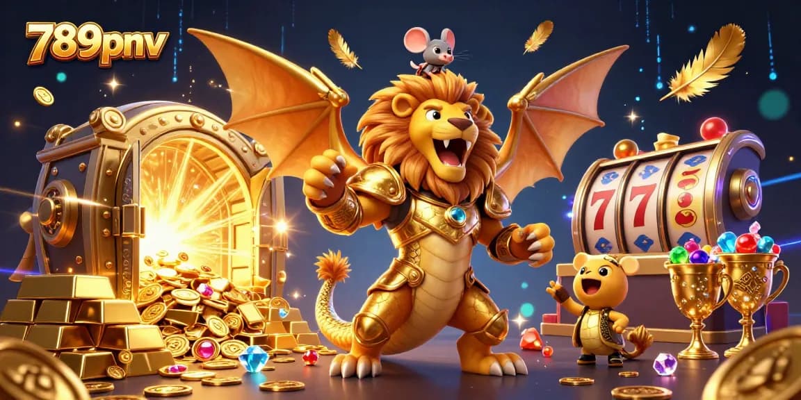 Engage with the exciting treasures of 789pnv, featuring a vibrant chimera in golden armor amidst cascading riches.