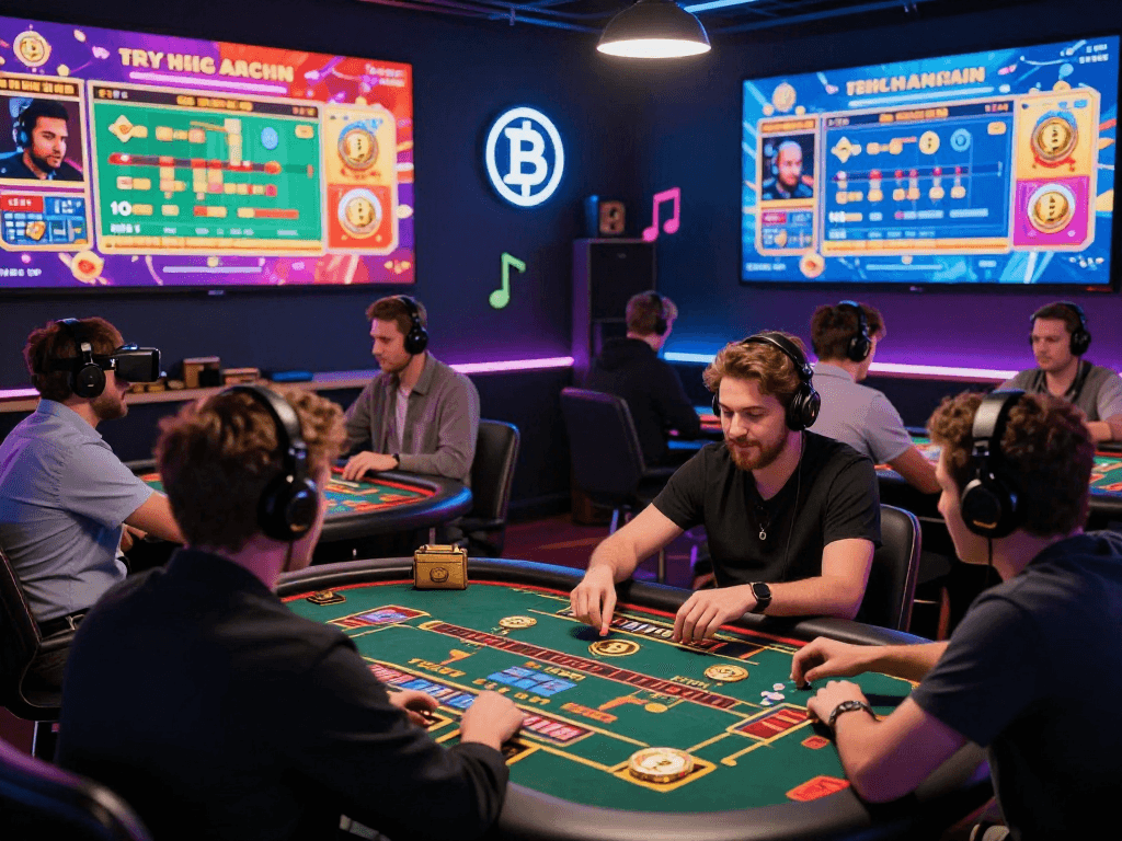 Experience the vibrant energy of a crypto casino with players engaging in digital games and lively interactions.