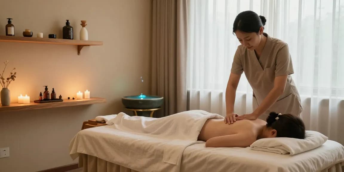 마사지 테라피를 받는 고객과 아늑한 스파 내부 모습