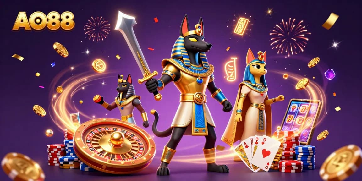 Spin with AO88: Anubis and Bastet celebrate wins in a vibrant casino scene.