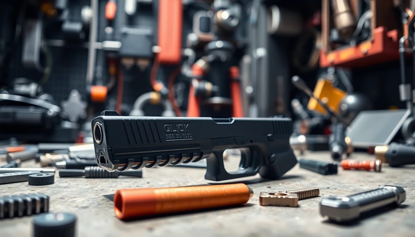Showcasing high-quality glock 19 slides amidst precision tools in a well-lit workshop.