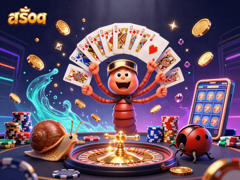 Spin สล็อต reels with a vibrant, animated dealer and luxurious casino elements.