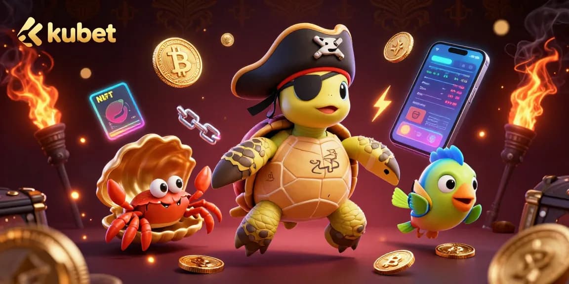 Kubet showcases a vibrant 3D scene with unique characters and crypto elements, enhancing the gaming experience.