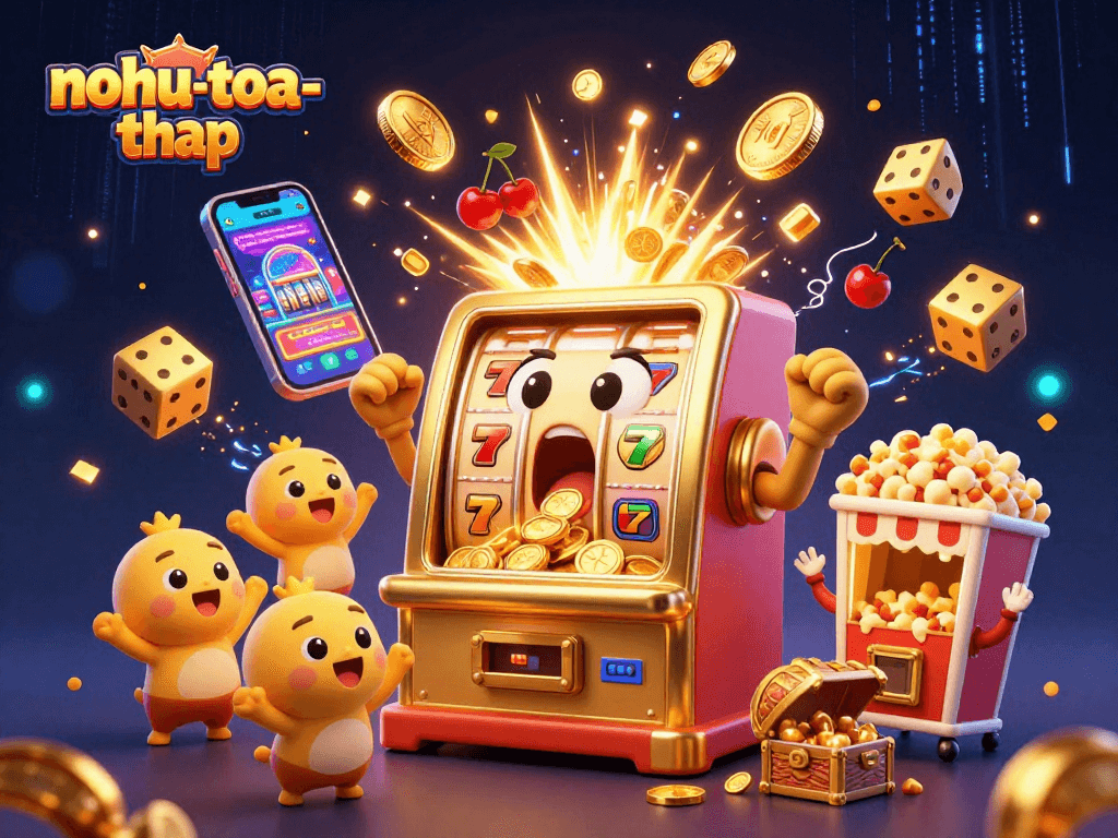 Nohu-toa-thap celebrates with a 3D golden slot machine winning a jackpot amidst coins and cheers in a vibrant casino scene.