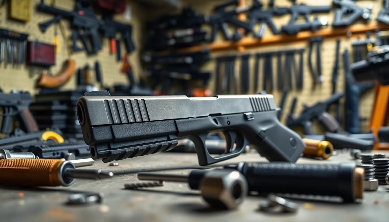 Showcasing the glock 43 slide mos with tools in a workshop environment.