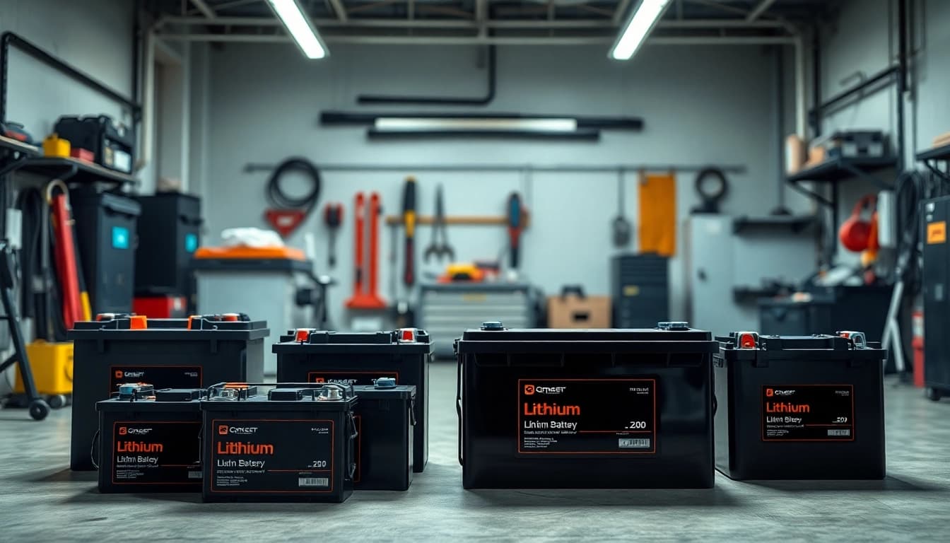 Showcasing lithium RV batteries in a professional workshop setting, highlighting features and durability.