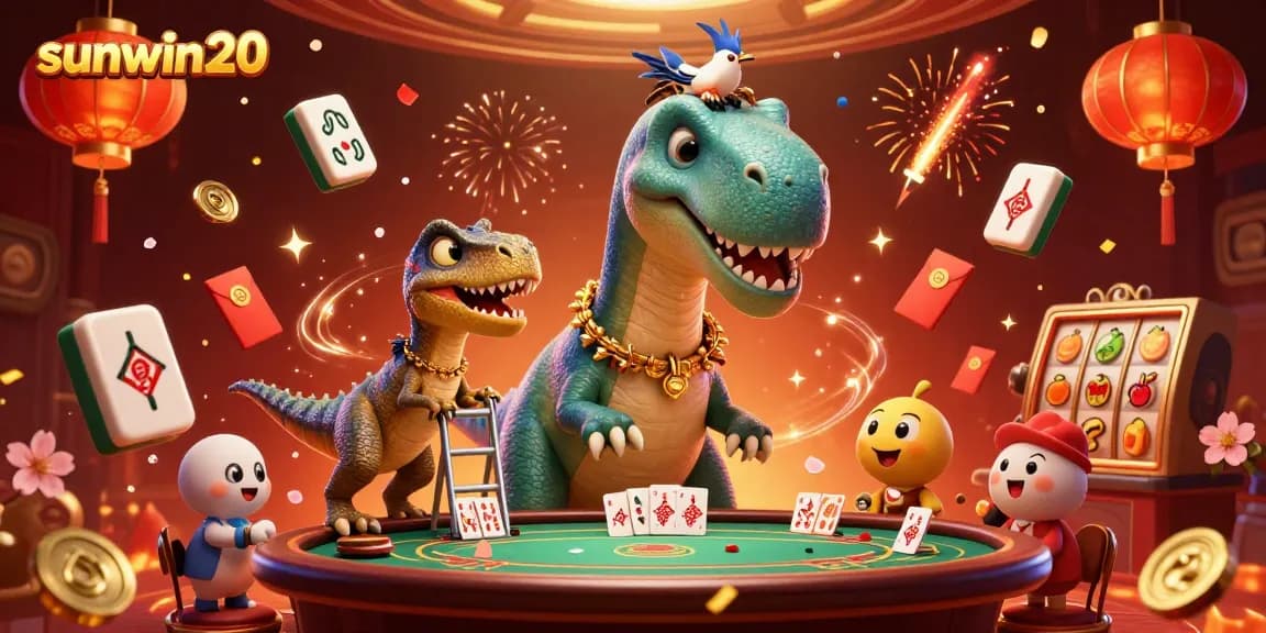 Experience thrilling gameplay with sunwin20 as the brontosaurus oversees a lively casino scene