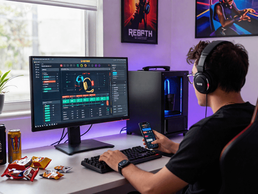 Engaging home office scene featuring 먹튀스팟 검증사이트 with gaming gear and vibrant atmosphere.
