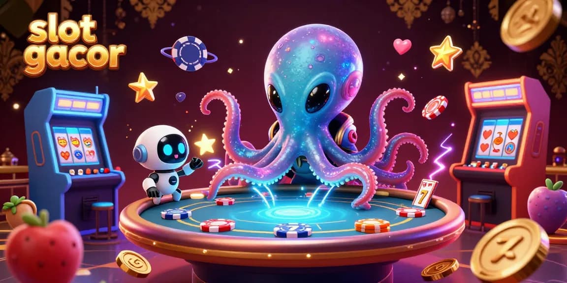 Experience slot gacor thrills with a captivating 3D illustration of a space octopus at a holographic poker table.