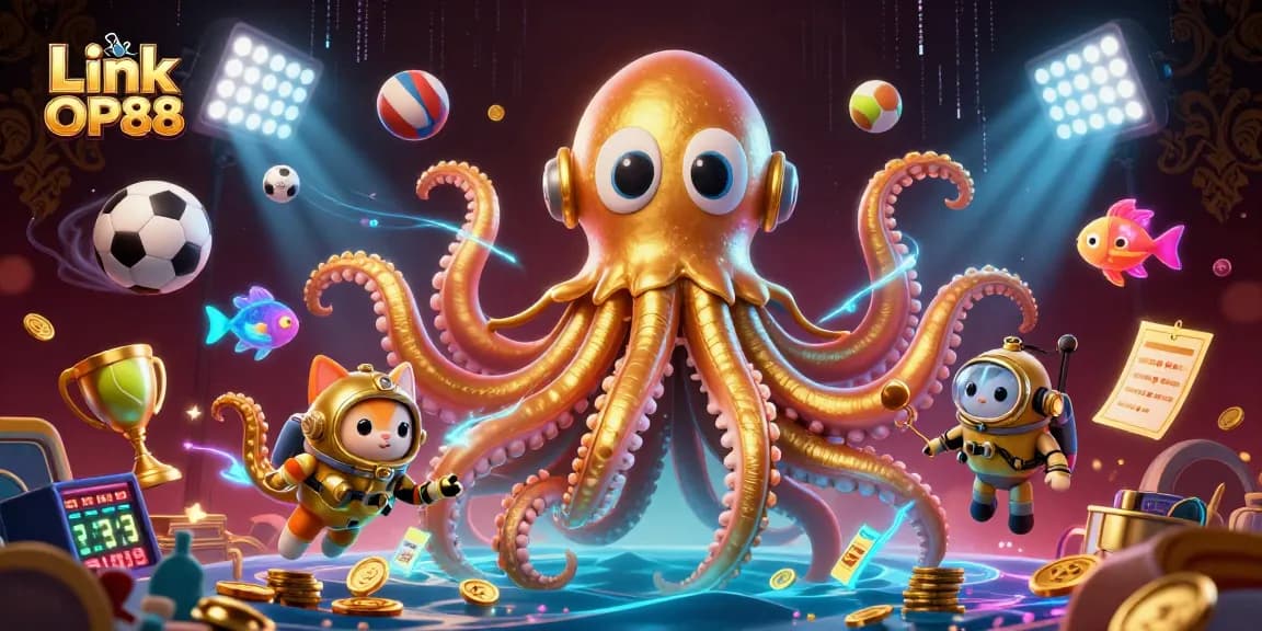 Engage in thrilling action at Link OP88 with vivid scenes of the colossal kraken and diving cat set in an ocean treasure hunt.