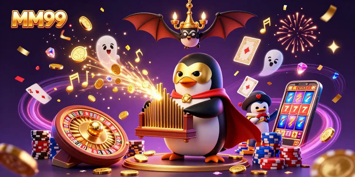 Engage with MM99's vibrant gaming world featuring golden coins and 3D casino elements.