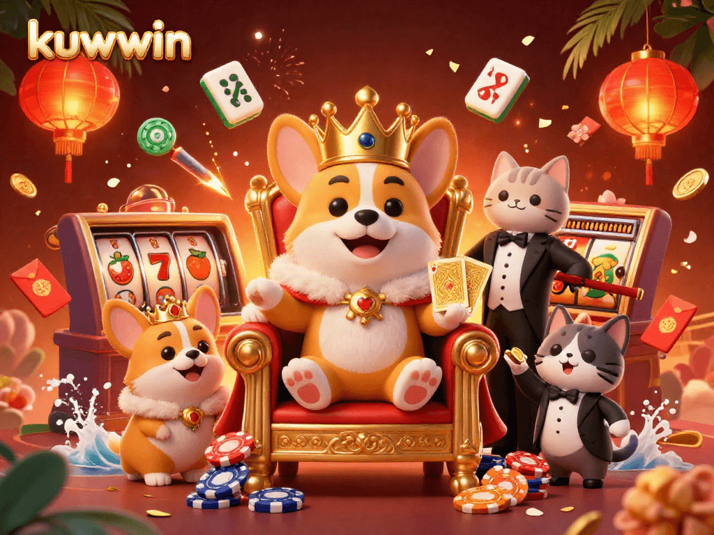 Engage with kuwwin's casino thrills featuring a corgi king and vibrant gaming elements