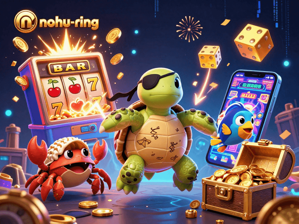 Experience the excitement of nohu-ring with vibrant visuals of a pirate turtle and casino treasures.