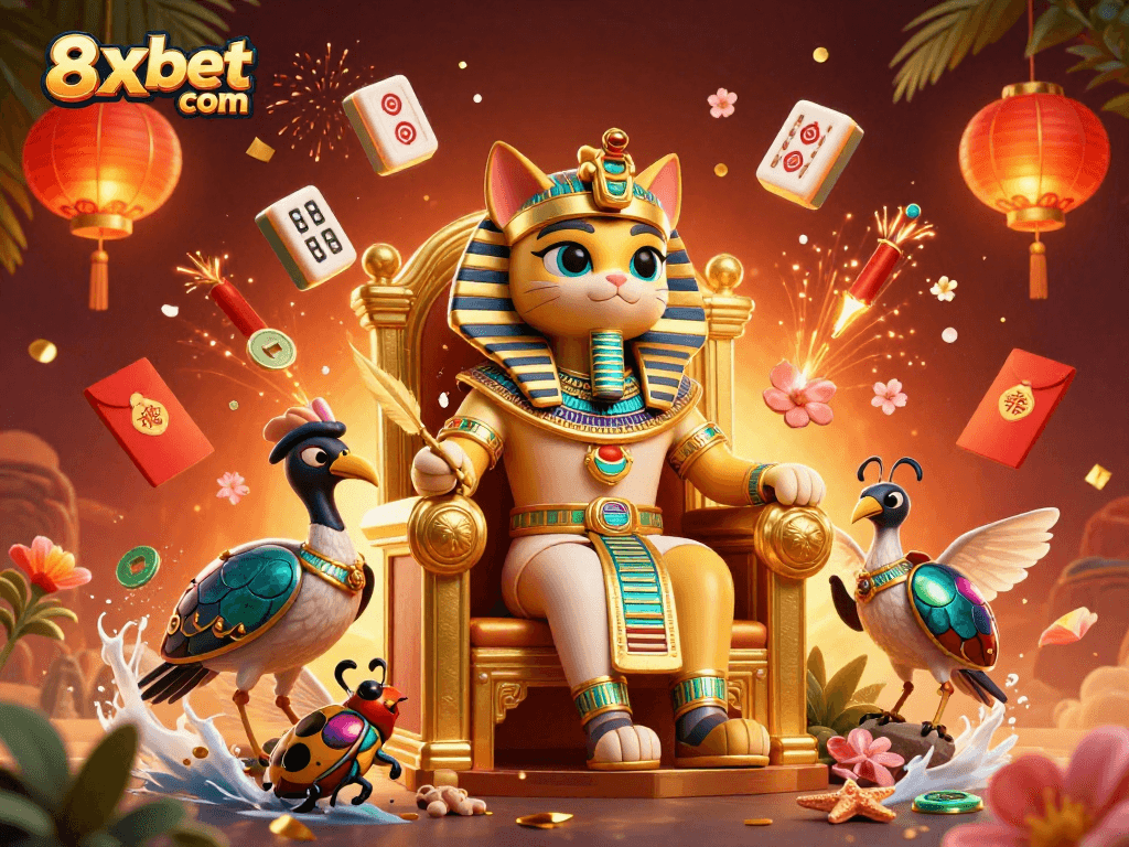 Experience thrilling action at 8xbet com with a vibrant casino-themed scene featuring unique characters and symbols.