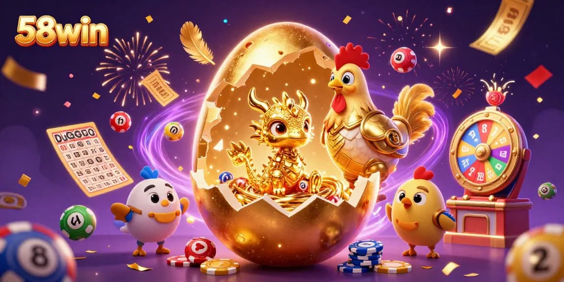 Engage in exciting gaming adventures with 58win featuring a colossal golden egg, baby dragon, and lottery elements.