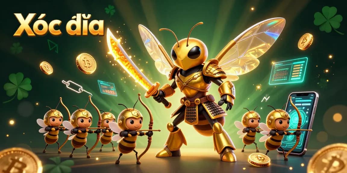 Xóc đĩa scene showcasing a golden hornet and bee archers engaged in immersive gambling action amid dynamic cryptocurrency elements.