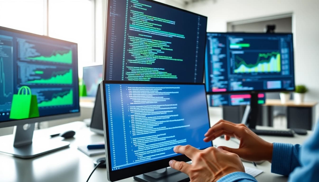 Engaging Headless Shopify development collaboration in a modern office showcasing innovative coding practices.