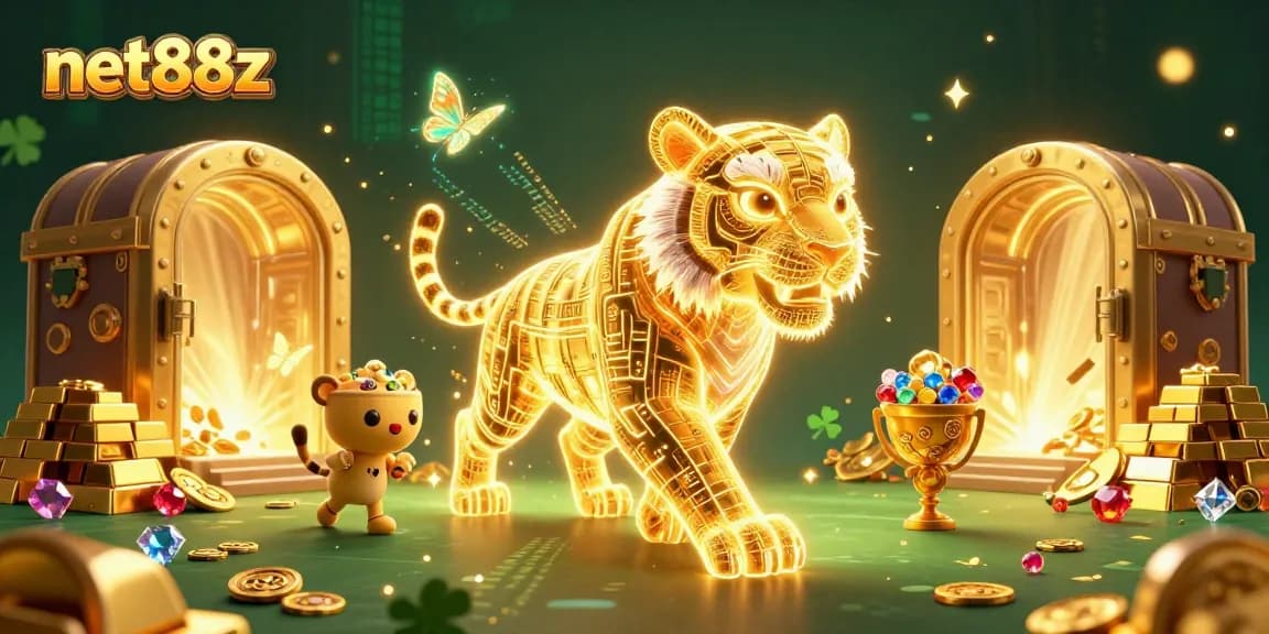 Experience the thrill of net88z with a golden tiger prowling a vibrant casino landscape.