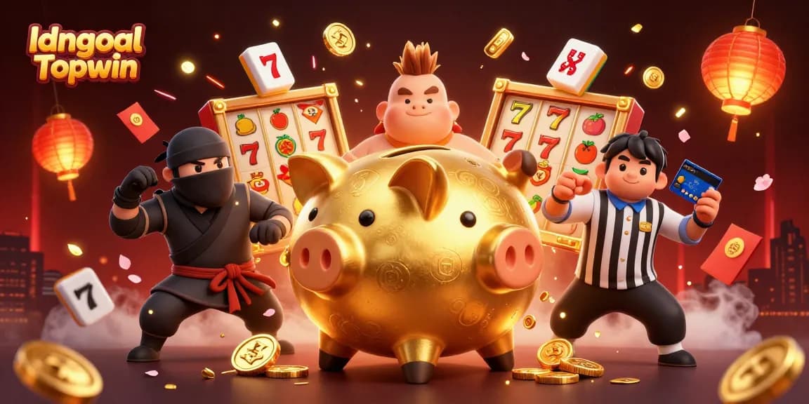 Idngoal Topwin brings thrilling slot excitement with a golden piggy bank sumo wrestler ground-stomping coins.