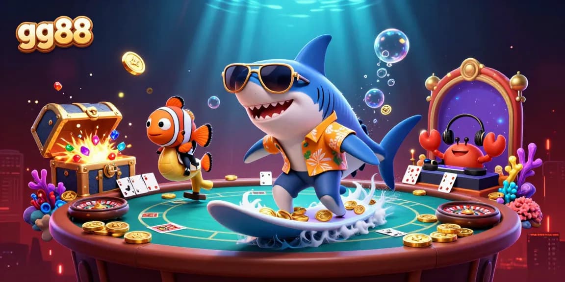 Engage in thrilling casino action with gg88, featuring a shark surfing coins alongside poker elements.