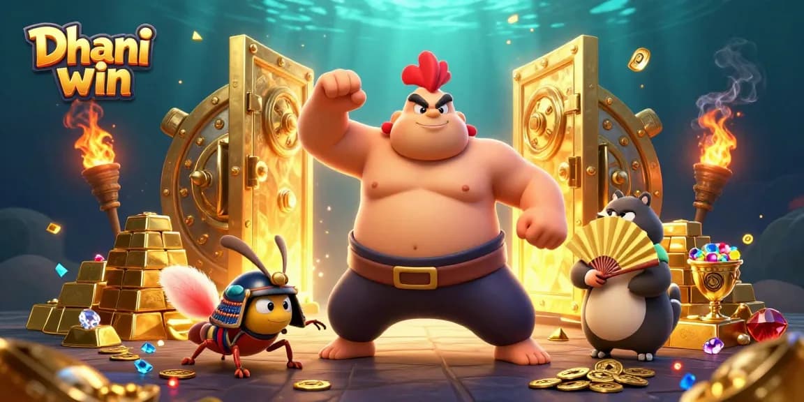Dhani win promotions featuring a powerful sumo rooster, a samurai cricket, and a tanuki announcer amidst gold treasures.