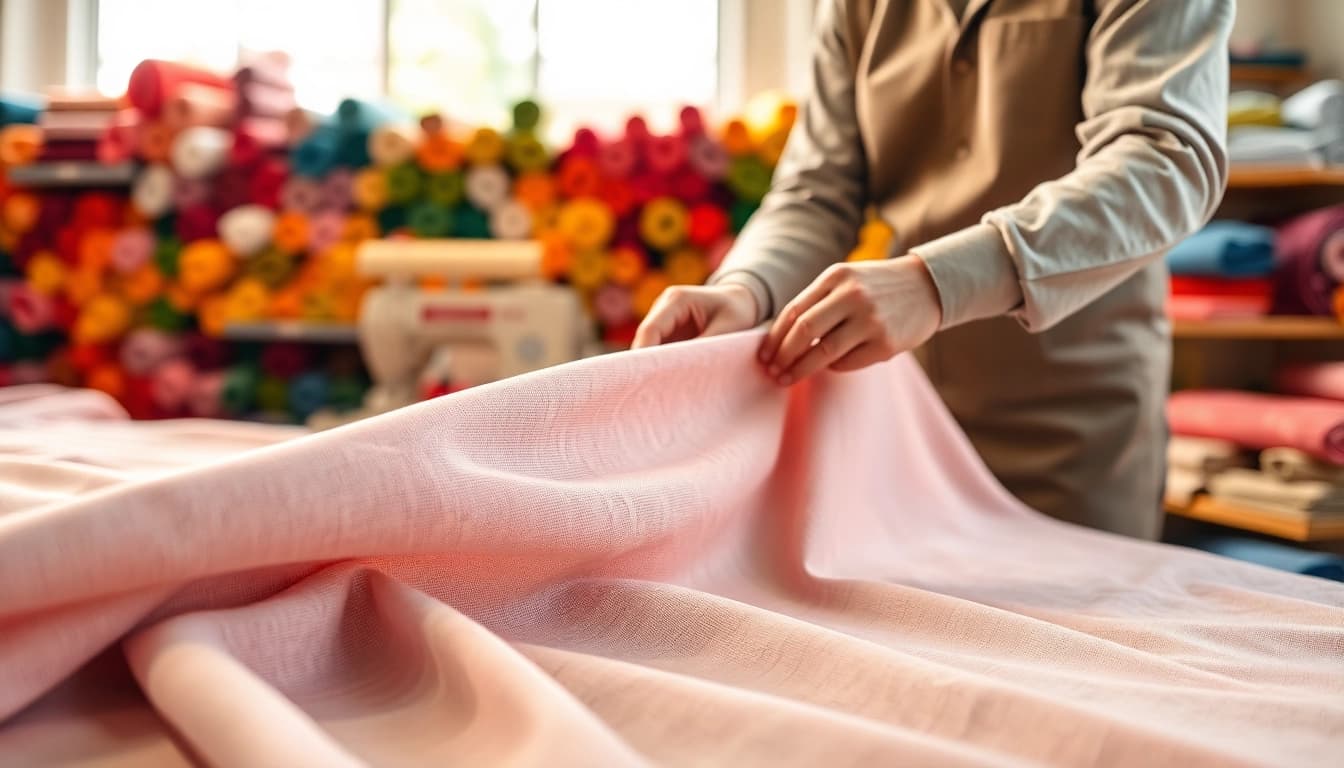 Bekijk molton per meter in een goed verlichte naaiatelier met kleurrijke stoffen.