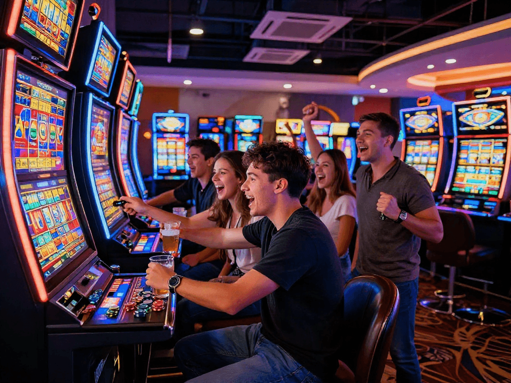 Friends experiencing the excitement of slot gacor gaming at a lively casino, surrounded by flashing lights and cheers.