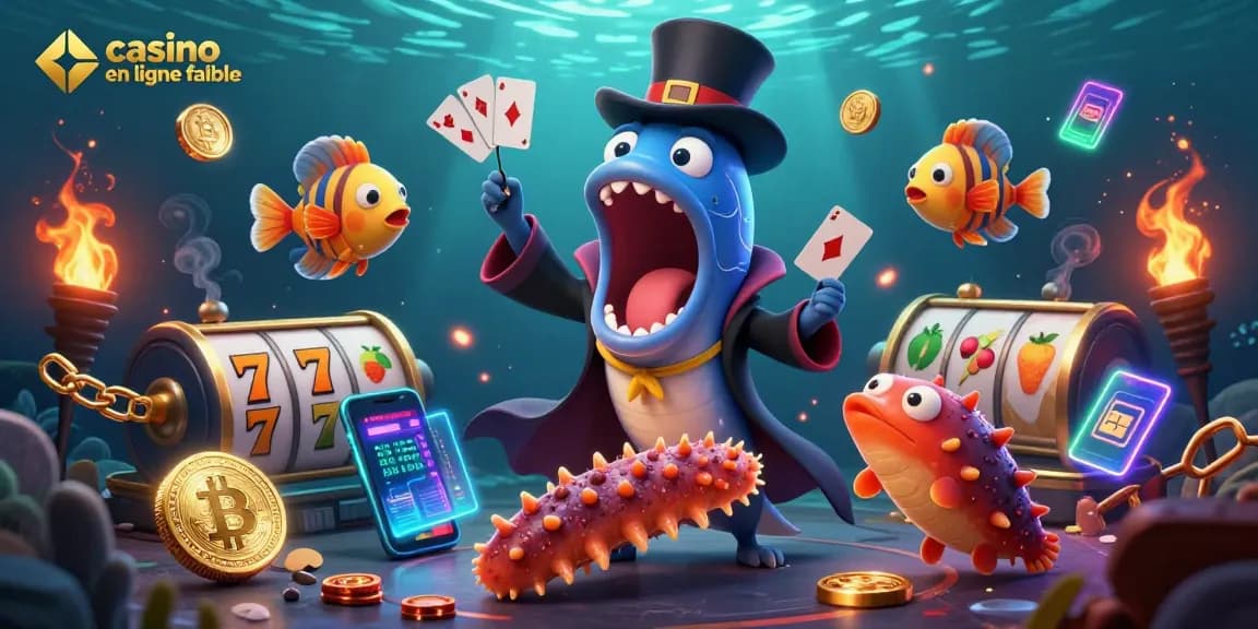 Un spectacle captivant de magie sous-marine avec un "casino en ligne fiable" illustré par un poisson-lanterne, un serpent de mer et des éléments de jeu.