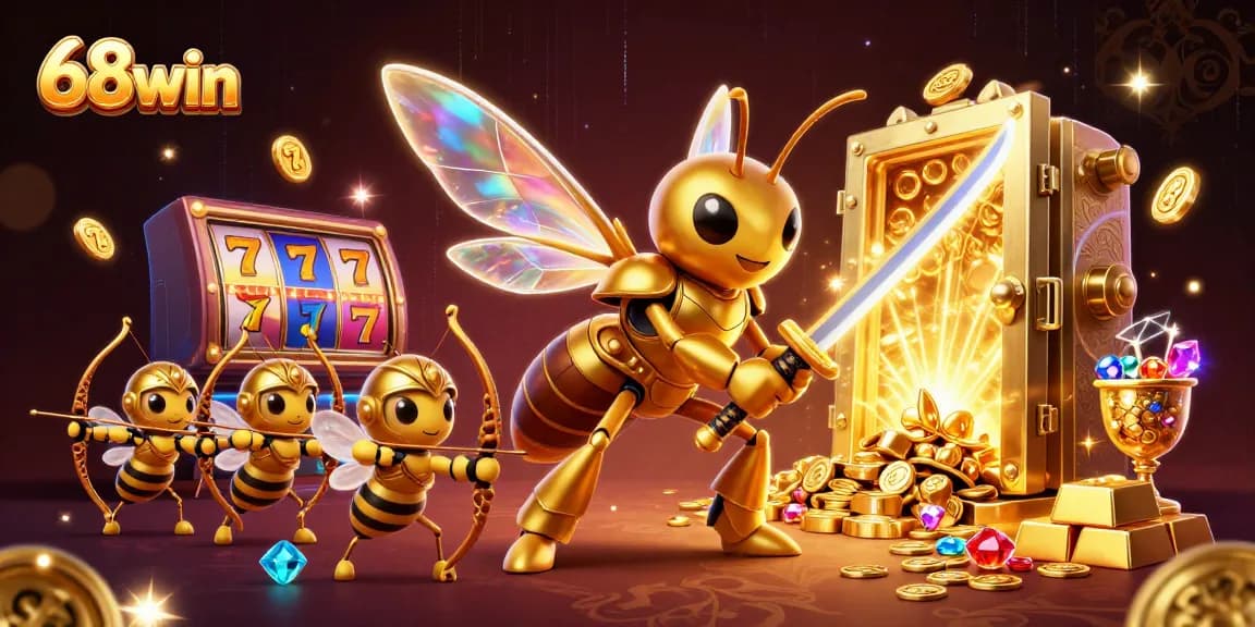 68win's giant hornet samurai battles with slot reels and treasures, showcasing epic casino excitement