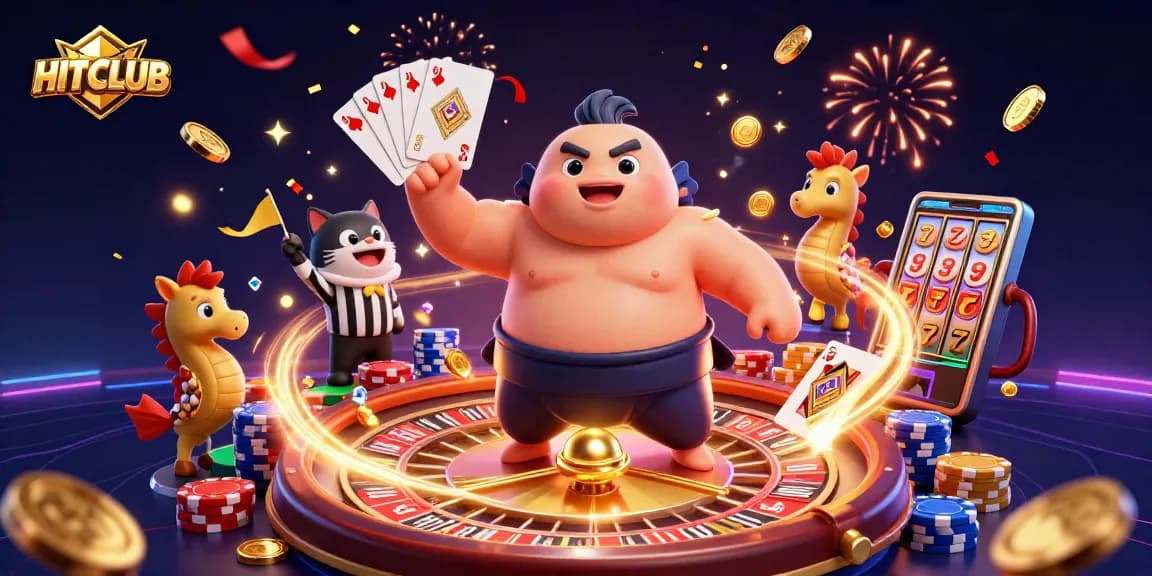 HITCLUB inflatable fugu delightfully bouncing in a vibrant underwater casino surrounded by gold coins and festive energy.
